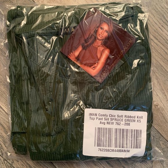 NWT IMAN COMFY CHIC SOFT RIBBED KNIT TOP PANT SET SPRUCE GREEN XS AVG - Picture 3 of 5